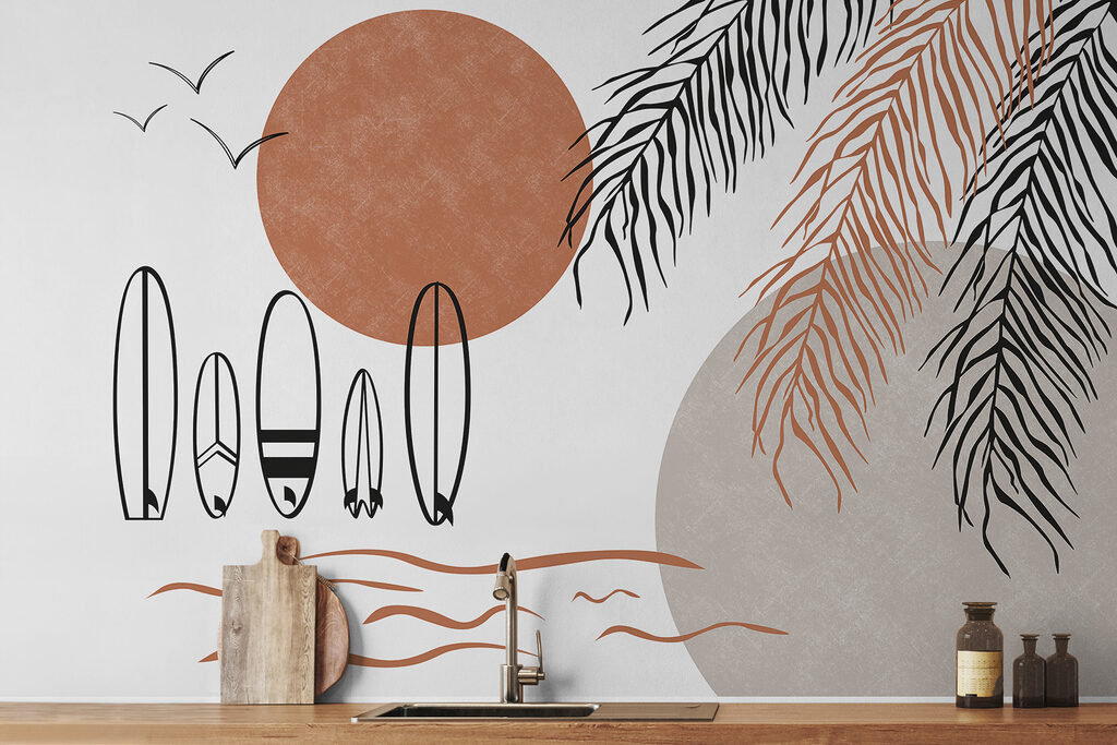 Surfboards and palm leaves