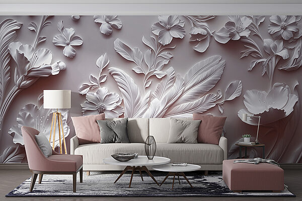 White wall with flowers and leaves White wall with flowers and leaves
