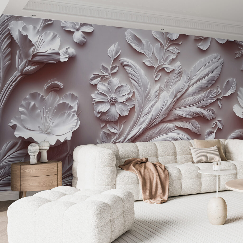 White wall with flowers and leaves