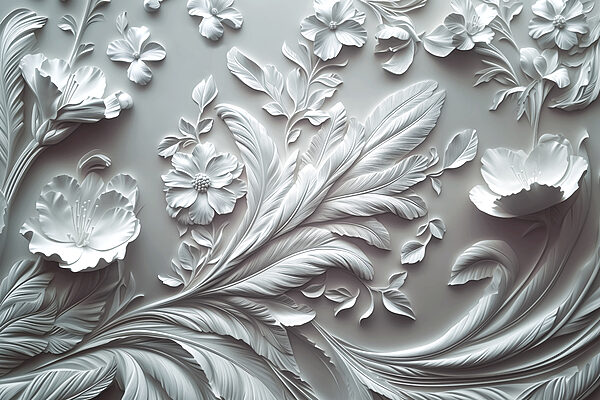 White wall with flowers and leaves
