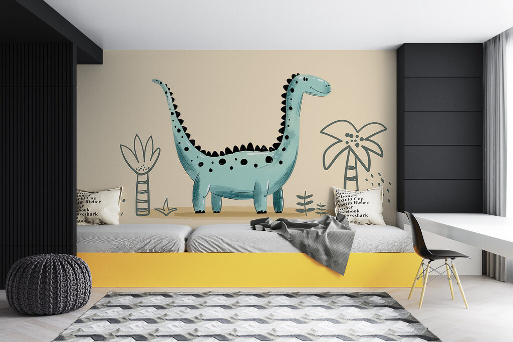 Cartoon dinosaur with plants and leaves