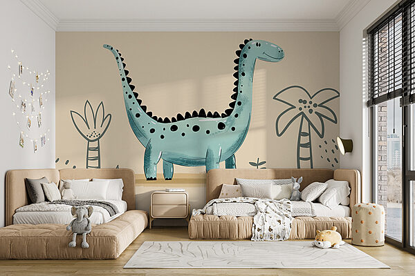 Cartoon dinosaur with plants and leaves Cartoon dinosaur with plants and leaves