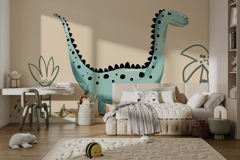 Cartoon dinosaur with plants and leaves