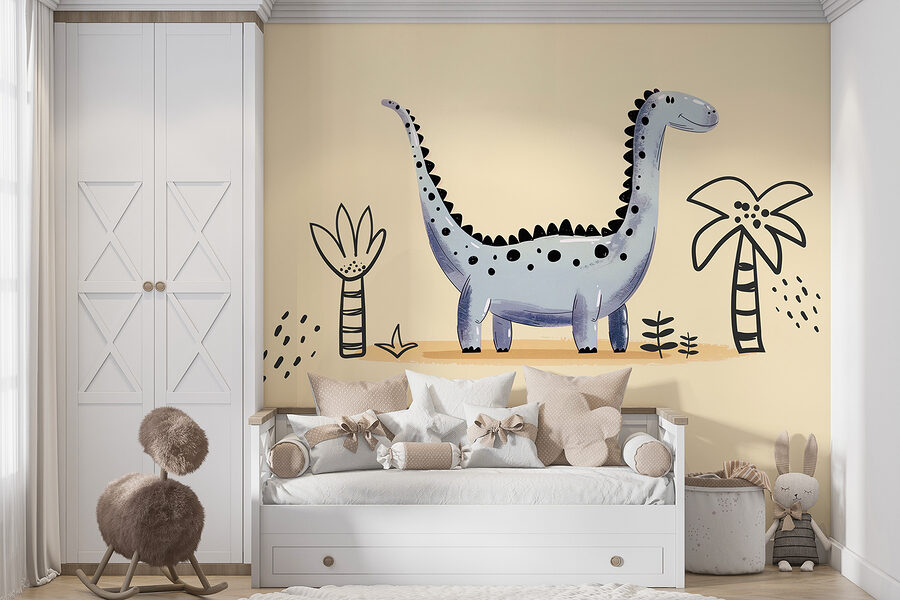 Wall murals Cartoon dinosaur with plants and flowers