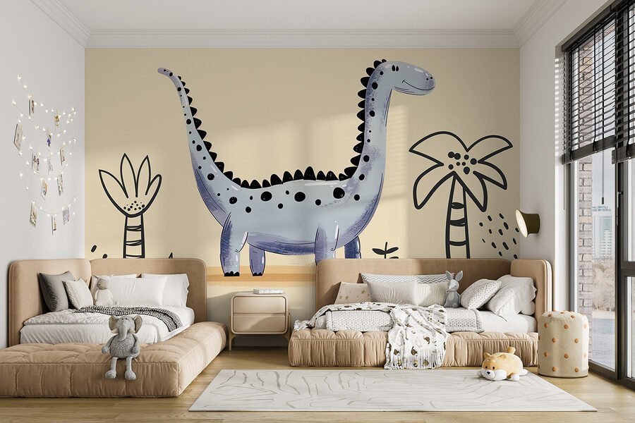 Wall murals Cartoon dinosaur with plants and flowers - Image 4