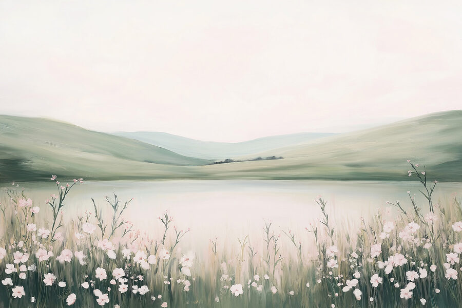 Painting of a lake with flowers Painting of a lake with flowers