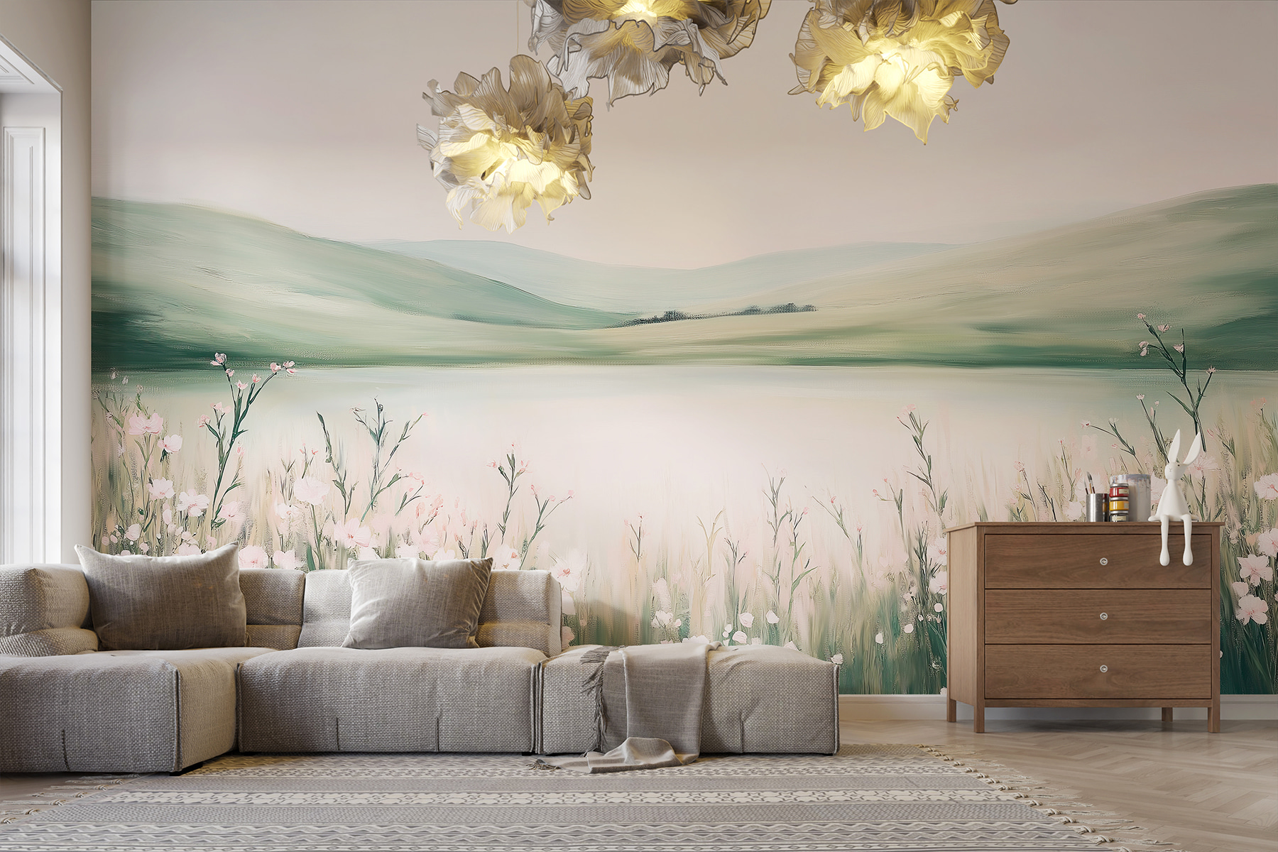 Painting of a lake with flowers