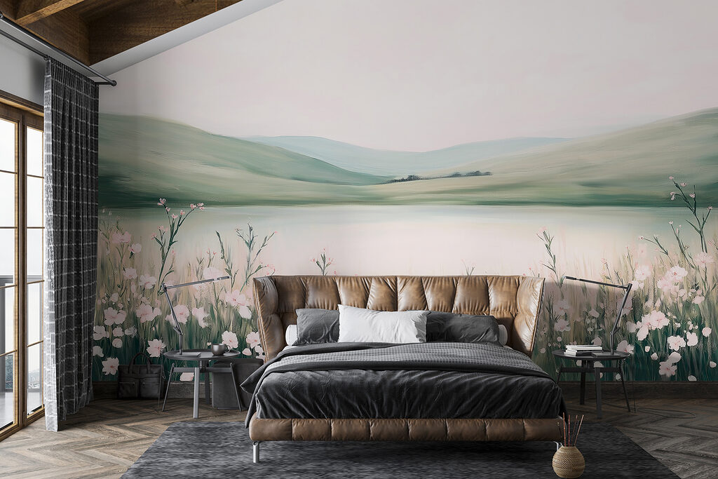 Painting of a lake with flowers