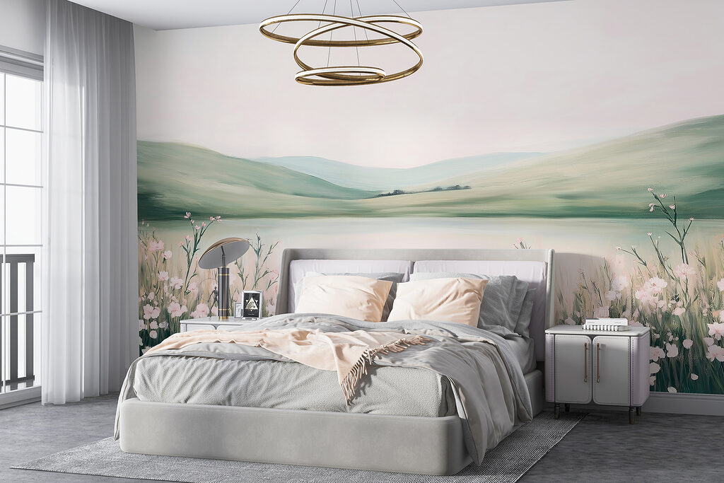 Painting of a lake with flowers