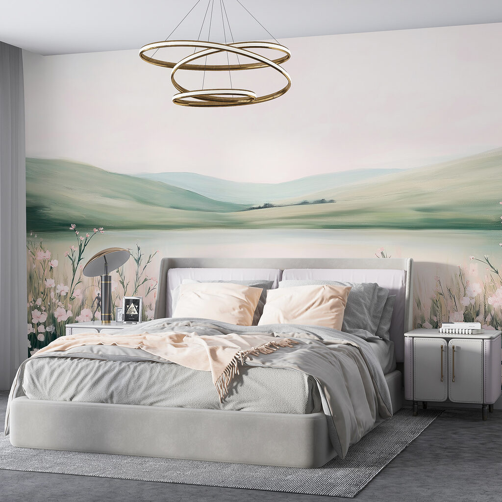 Painting of a lake with flowers