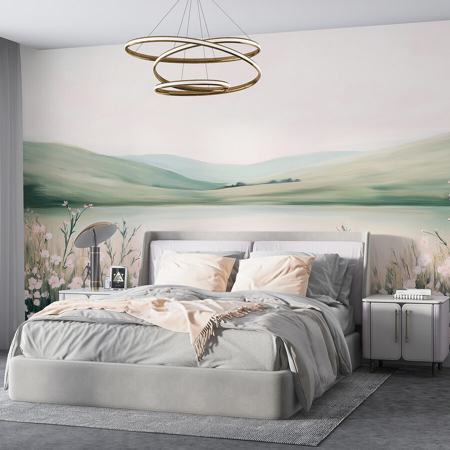 Painting of a lake with flowers Painting of a lake with flowers