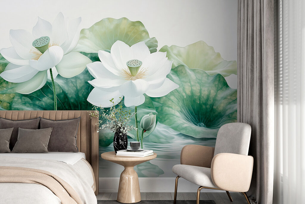 Group of white flowers and green leaves in water