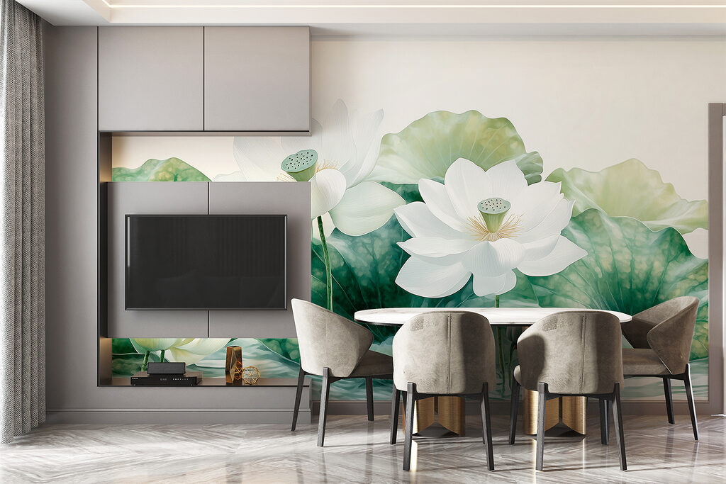 Group of white flowers and green leaves in water