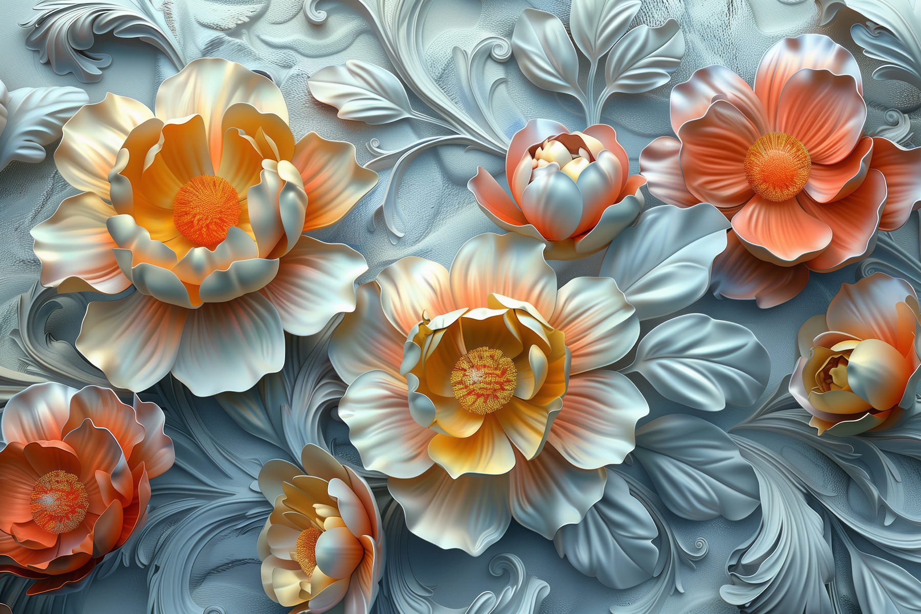 Wallpaper with flowers and leaves