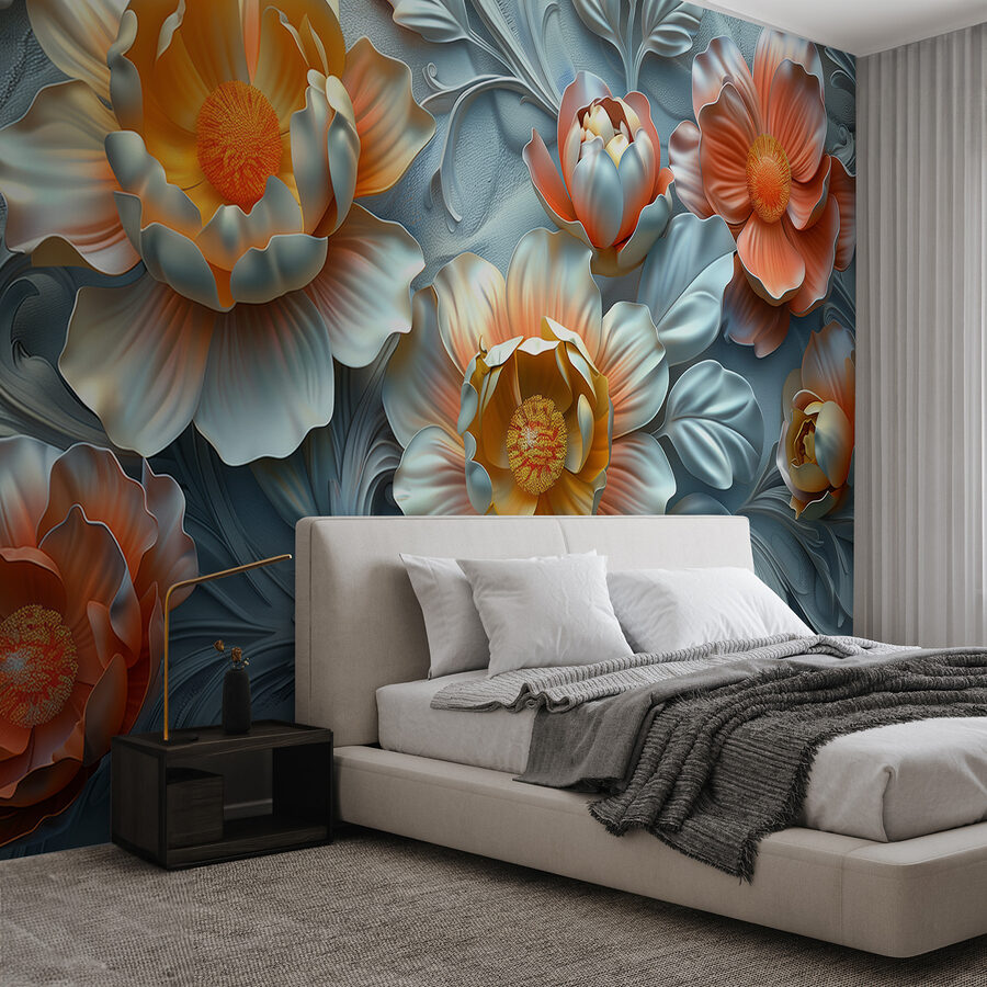 Wallpaper with flowers and leaves