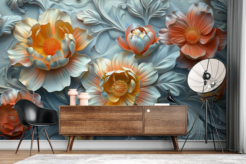 Wallpaper with flowers and leaves