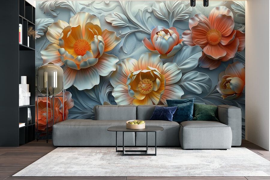 Wallpaper with flowers and leaves