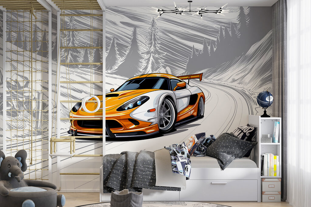 Yellow and white sports car on a snowy road Yellow and white sports car on a snowy road