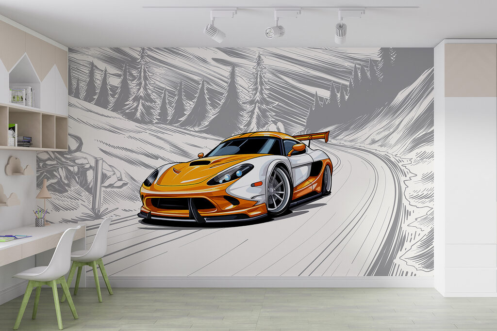 Yellow and white sports car on a snowy road Yellow and white sports car on a snowy road