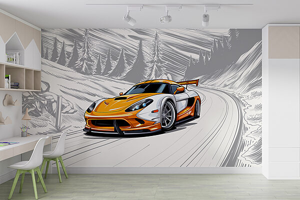 Yellow and white sports car on a snowy road Yellow and white sports car on a snowy road