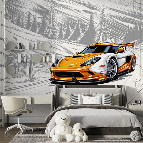 Yellow and white sports car on a snowy road Yellow and white sports car on a snowy road