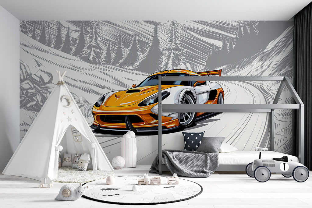 Yellow and white sports car on a snowy road Yellow and white sports car on a snowy road