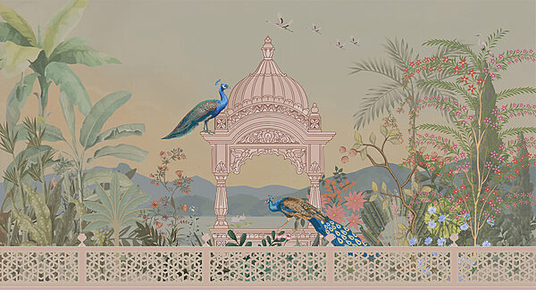 Mural of a building with a roof and birds Mural of a building with a roof and birds