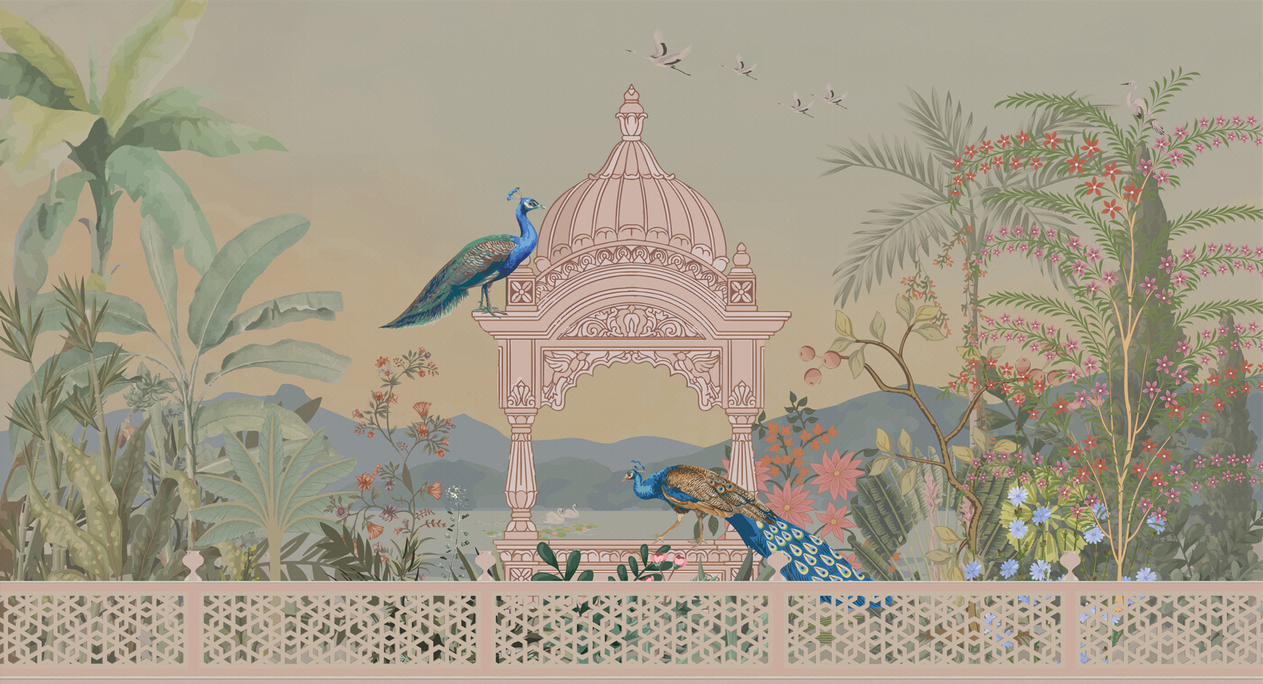 Mural of a building with a roof and birds