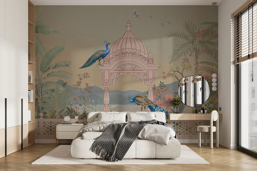 Mural of a building with a roof and birds