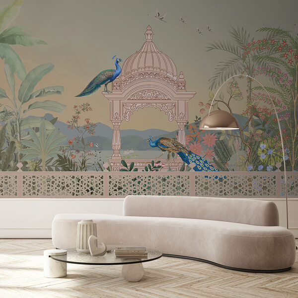 Mural of a building with a roof and birds Mural of a building with a roof and birds