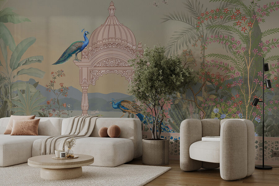 Mural of a building with a roof and birds