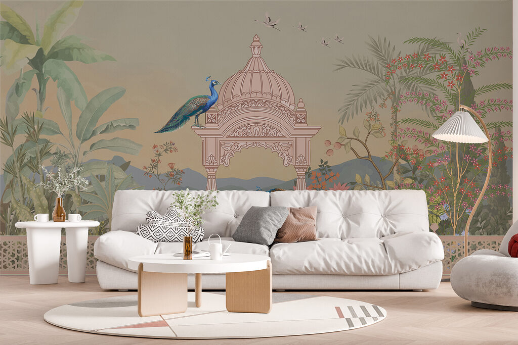 Mural of a building with a roof and birds