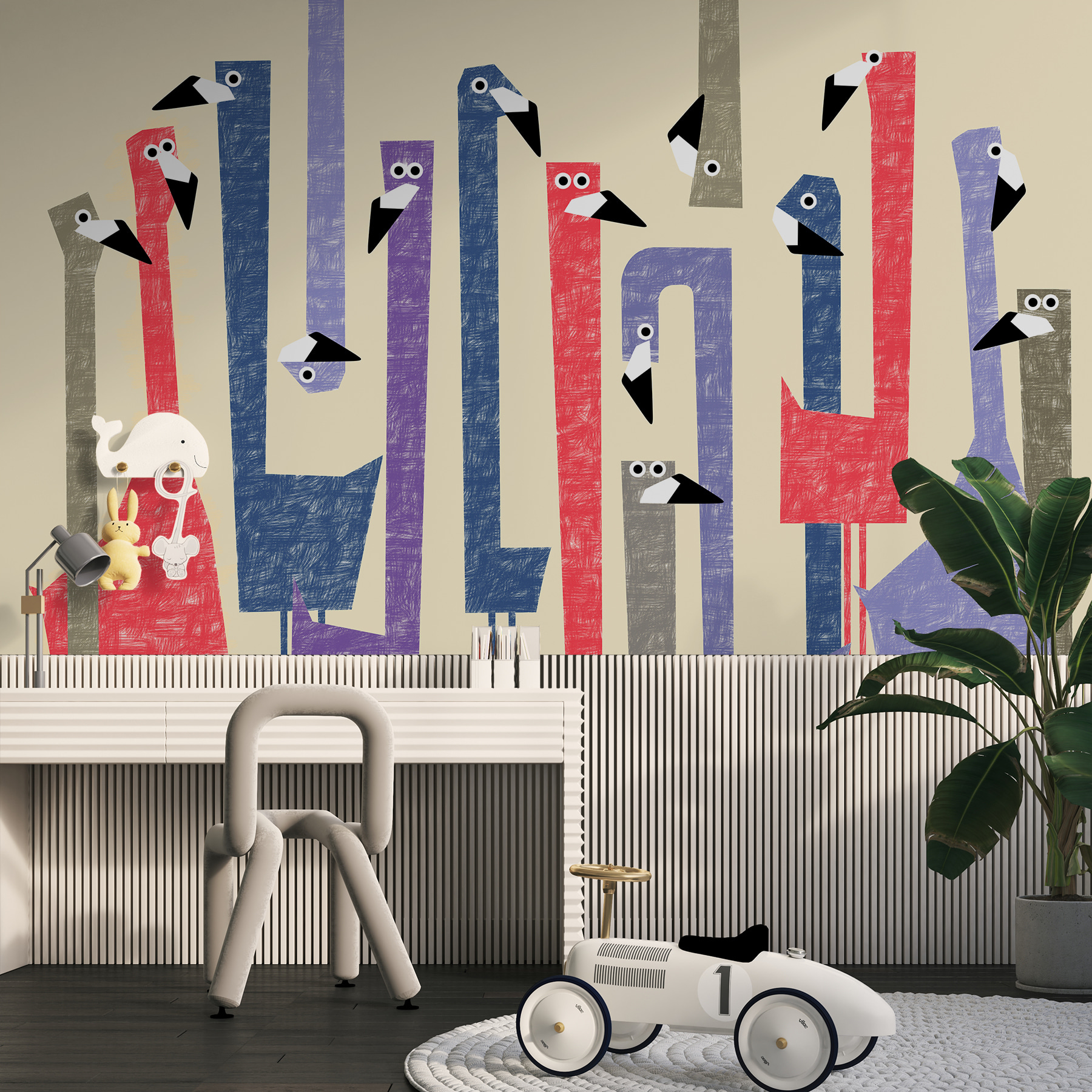 Group of birds with different colored shapes