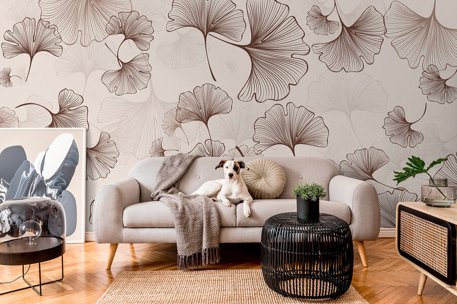 Wall murals Pattern of leaves on a beige background