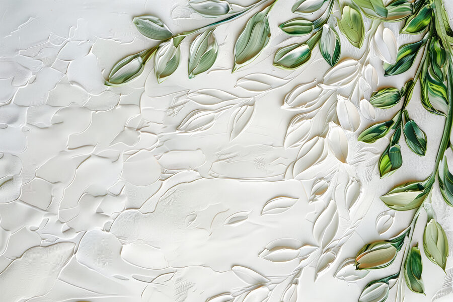 White surface with green leaves