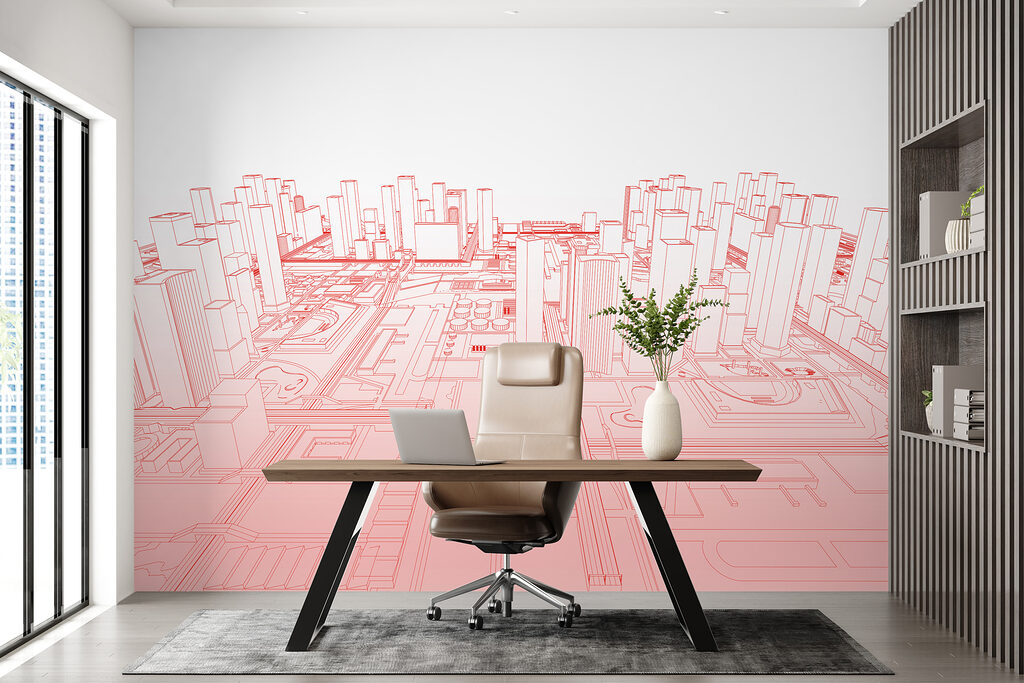 Red line drawing of a city