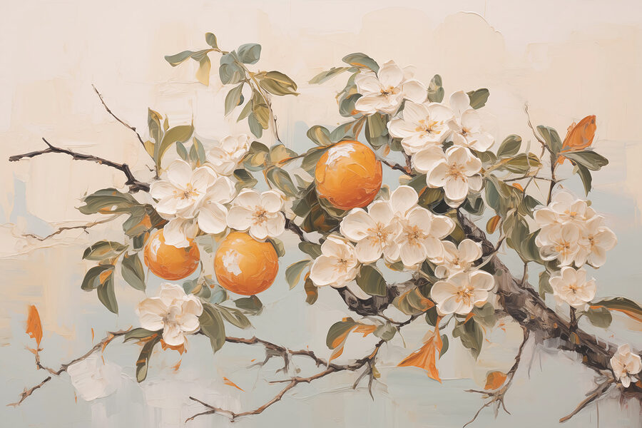 Wall murals Painting of a branch with white flowers and oranges - Image 3