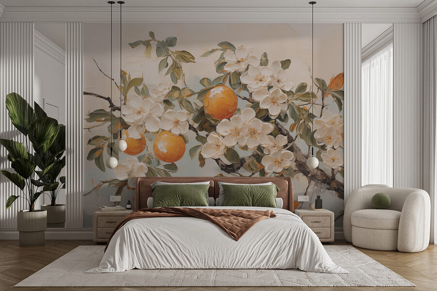 Wall murals Painting of a branch with white flowers and oranges