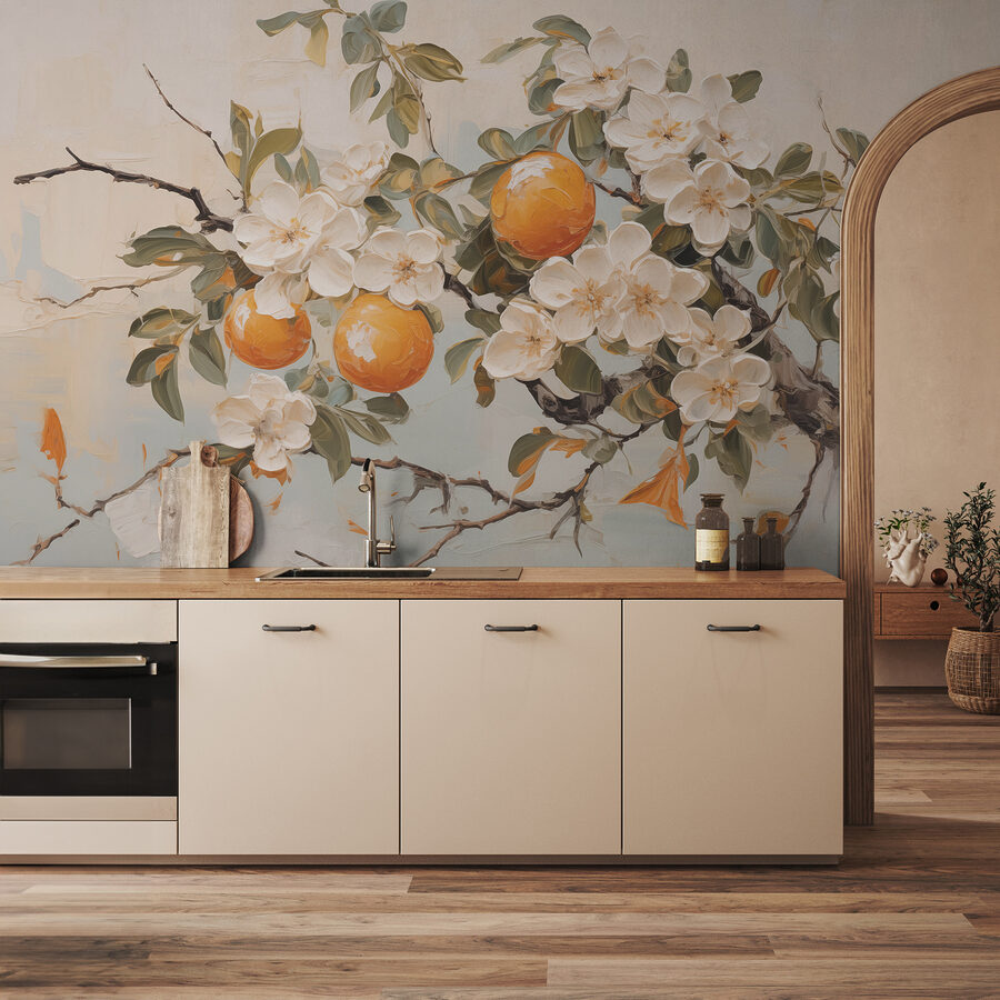 Wall murals Painting of a branch with white flowers and oranges - Image 2