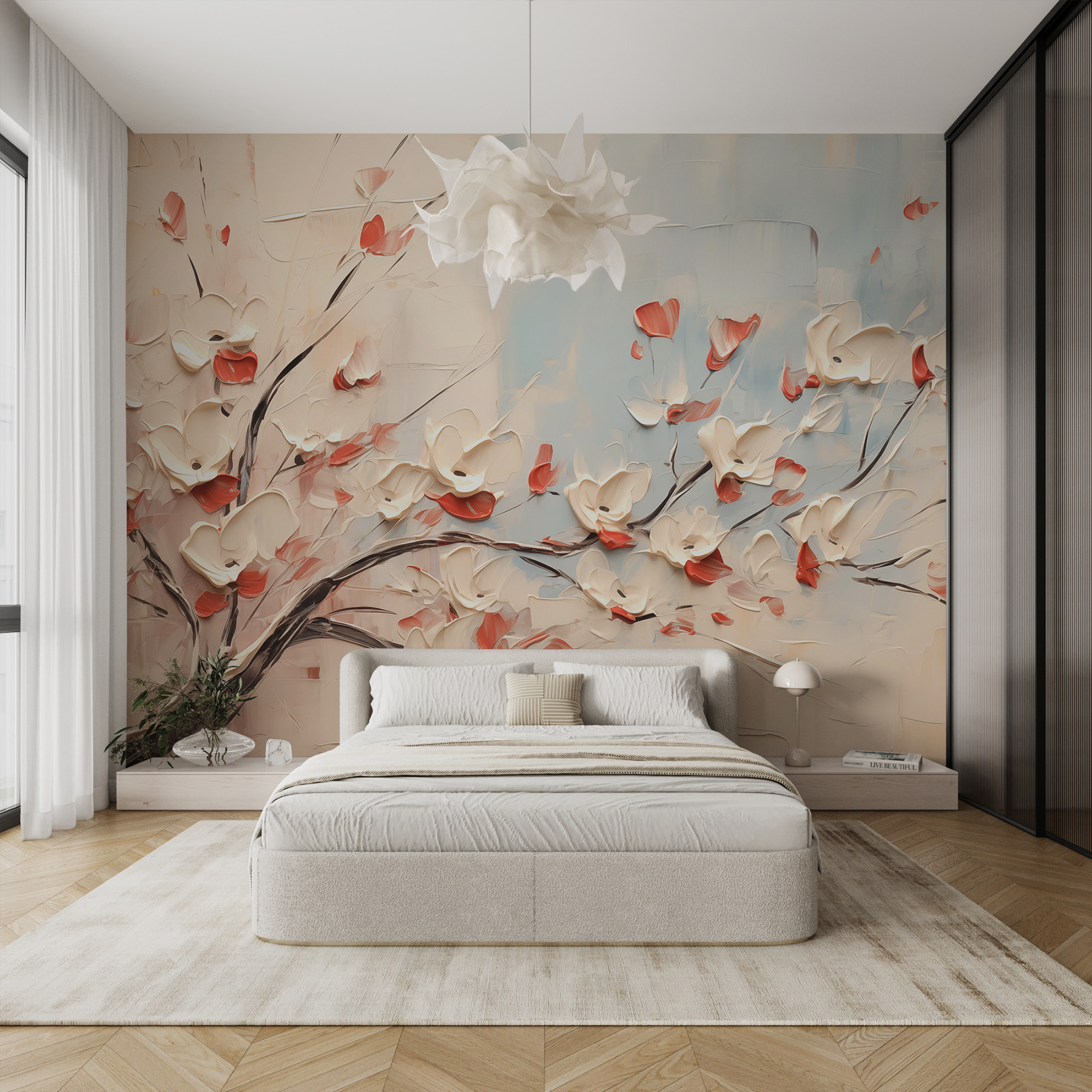 Painting of a tree with white flowers