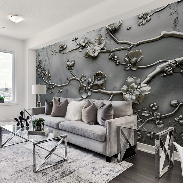 Silver floral design on a wall