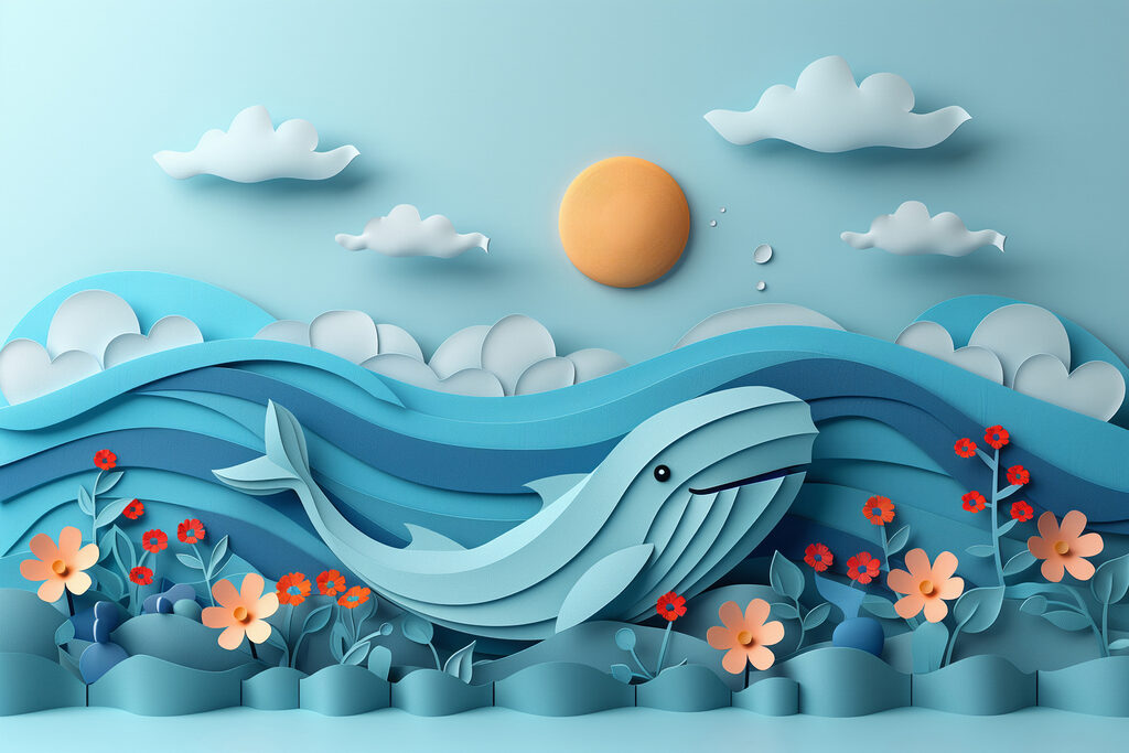 Paper cut out of a whale in the ocean