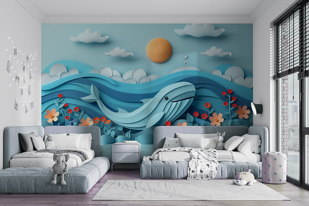 Paper cut out of a whale in the ocean