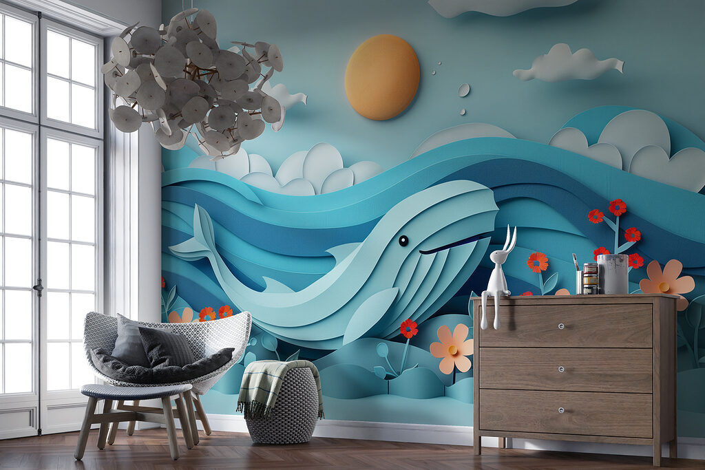 Paper cut out of a whale in the ocean