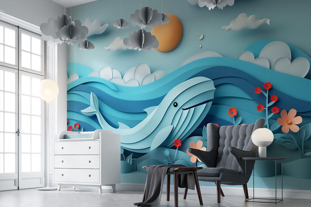 Paper cut out of a whale in the ocean