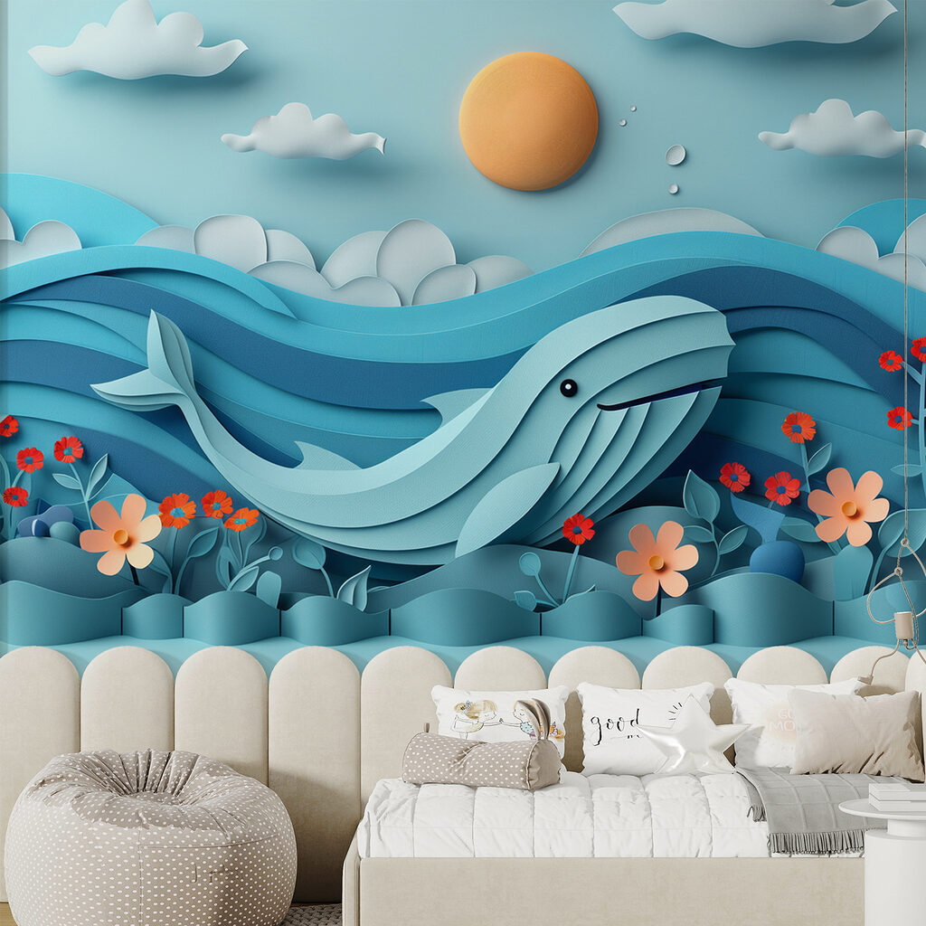 Paper cut out of a whale in the ocean