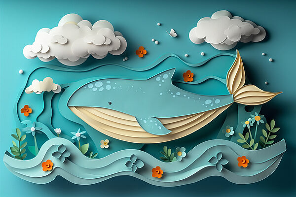 Paper cut whale in the ocean