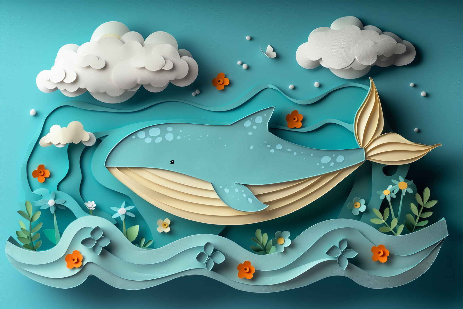 Paper cut whale in the ocean