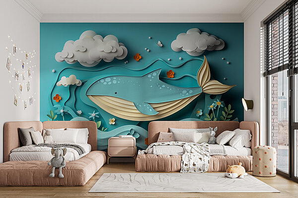 Wall murals Wall murals Paper cut whale in the ocean (SKU: w01496)