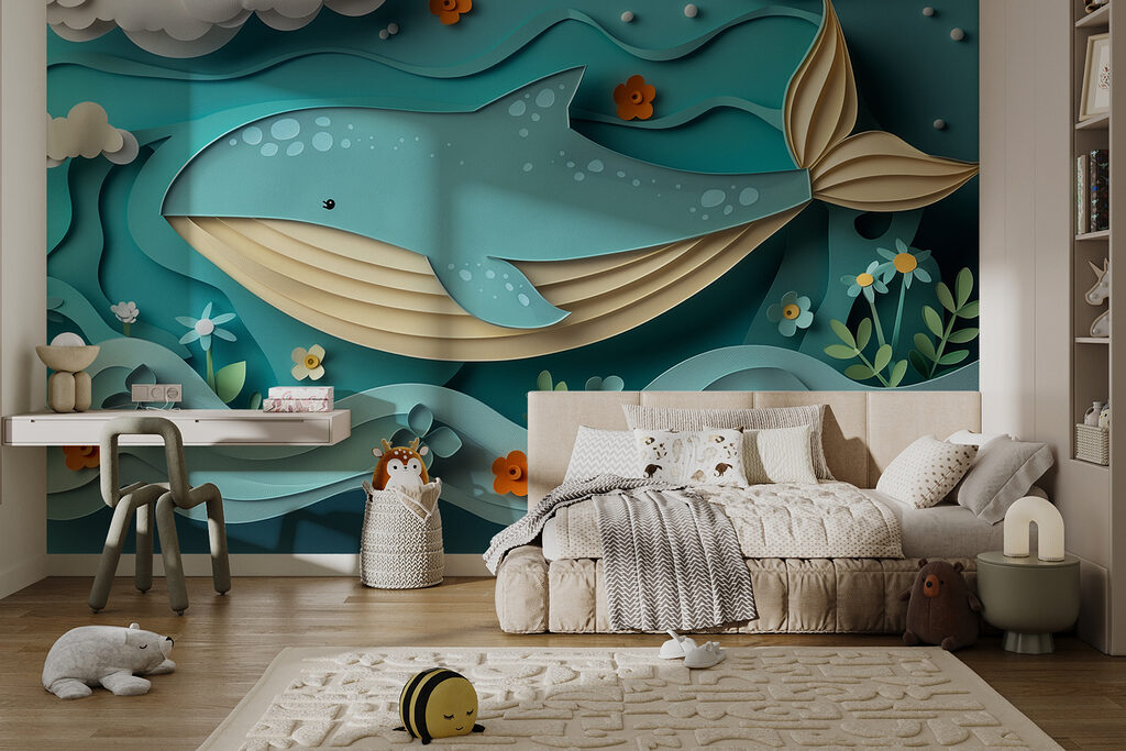 Paper cut whale in the ocean